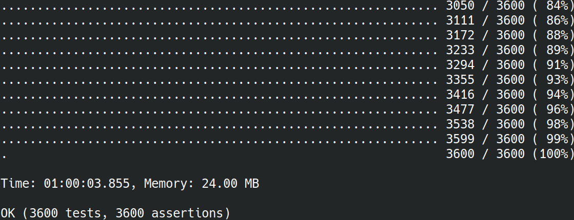 a screenshot showing tests totaling one 1 hour and 3 seconds